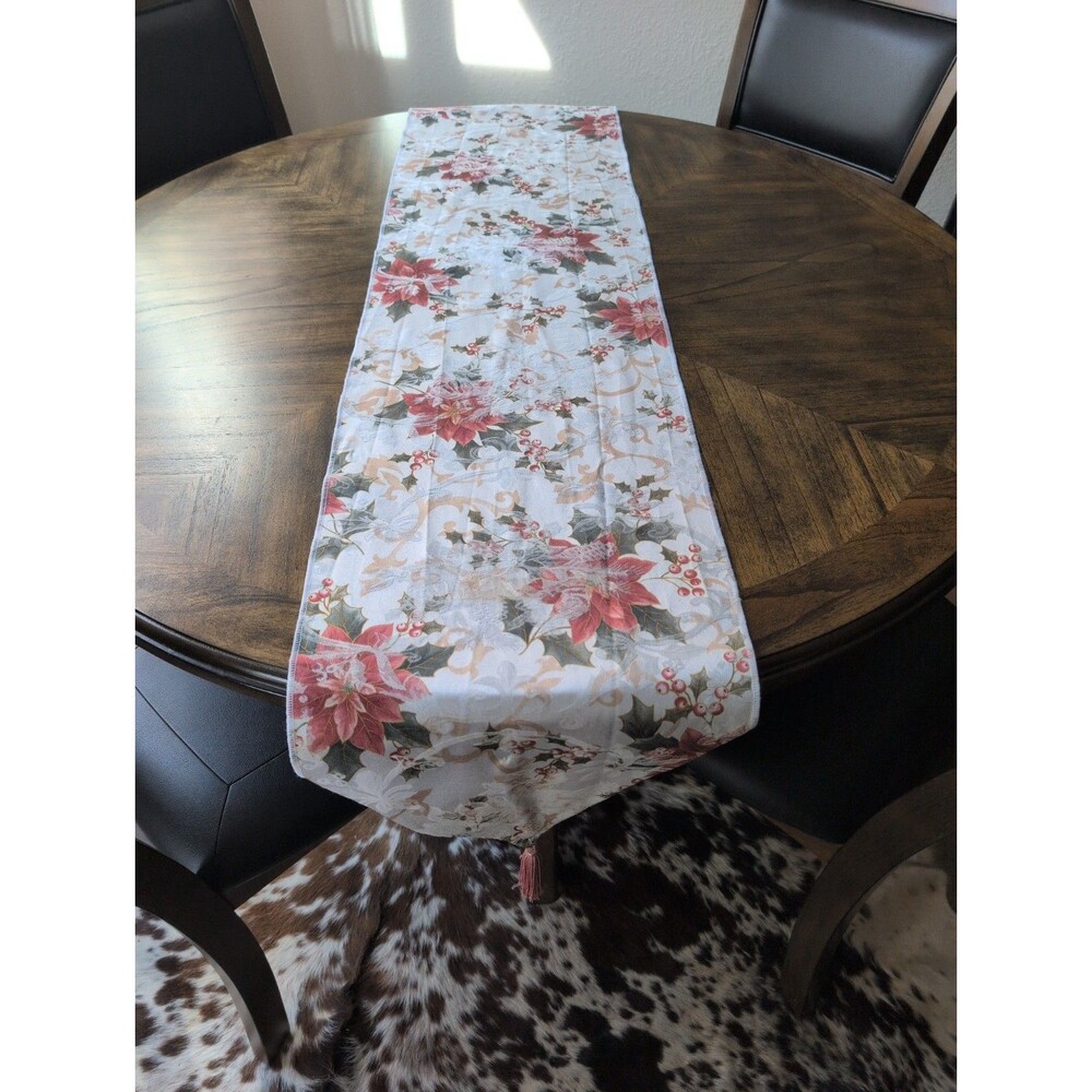 Cream Table Runner Red poinsettias Green Holly Gold  Pointed Ends 14x70 Tassels